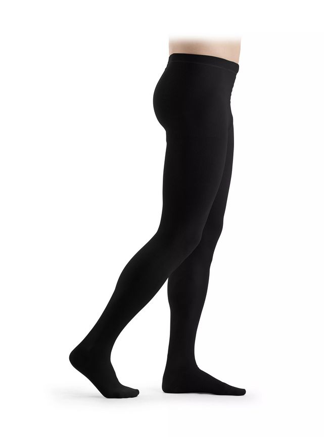 Schwarze Kompressionsstrumpfhose. Blick von der Seite. Glatte Oberfläche. Hoher Bund.