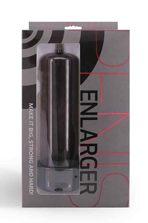 Produktverpackung mit transparentem Zylinder. Aufschrift: ENLARGER. Text: Make it big, strong and hard!