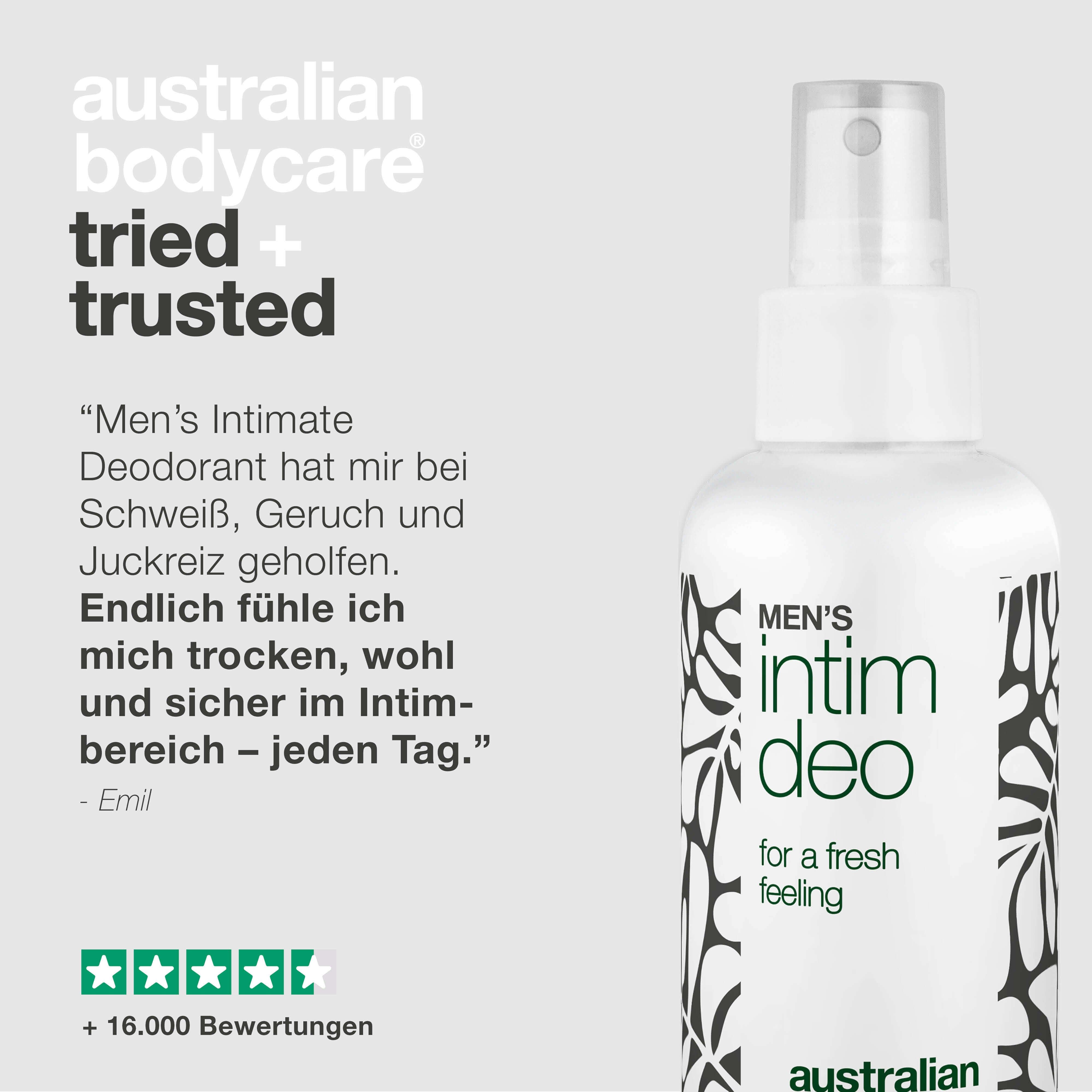 Deodorant-Spray neben Text: Erfahrungsbericht. Marke: Australian Bodycare.