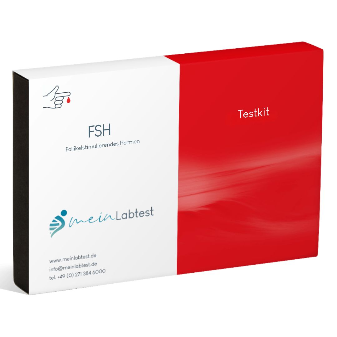 FSH-Testkit von meinLabtest. Weiß-roter Karton. Auf der Verpackung steht FSH und Testkit.
