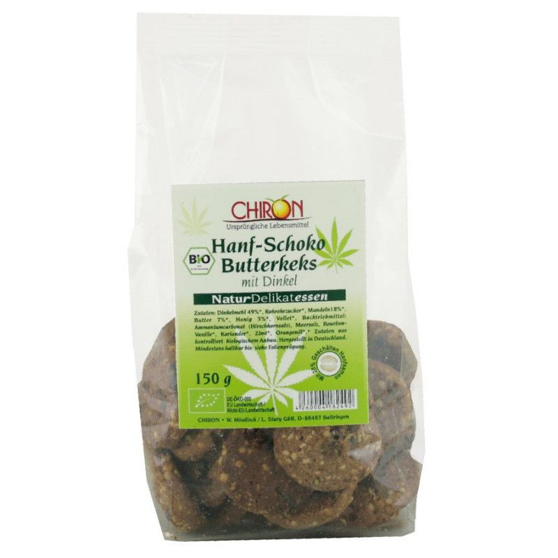 Transparente Tüte mit Keksen. Aufkleber mit "Chiron", "Hanf-Schoko Butterkeks mit Dinkel", Bio-Siegel und Inhaltsangaben. 150g.