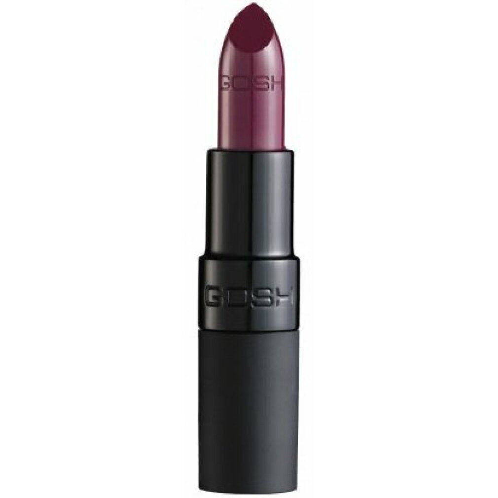 Dunkelroter Lippenstift in schwarzer Hülse. Der Schriftzug "GOSH" ist auf dem Gehäuse zu sehen.