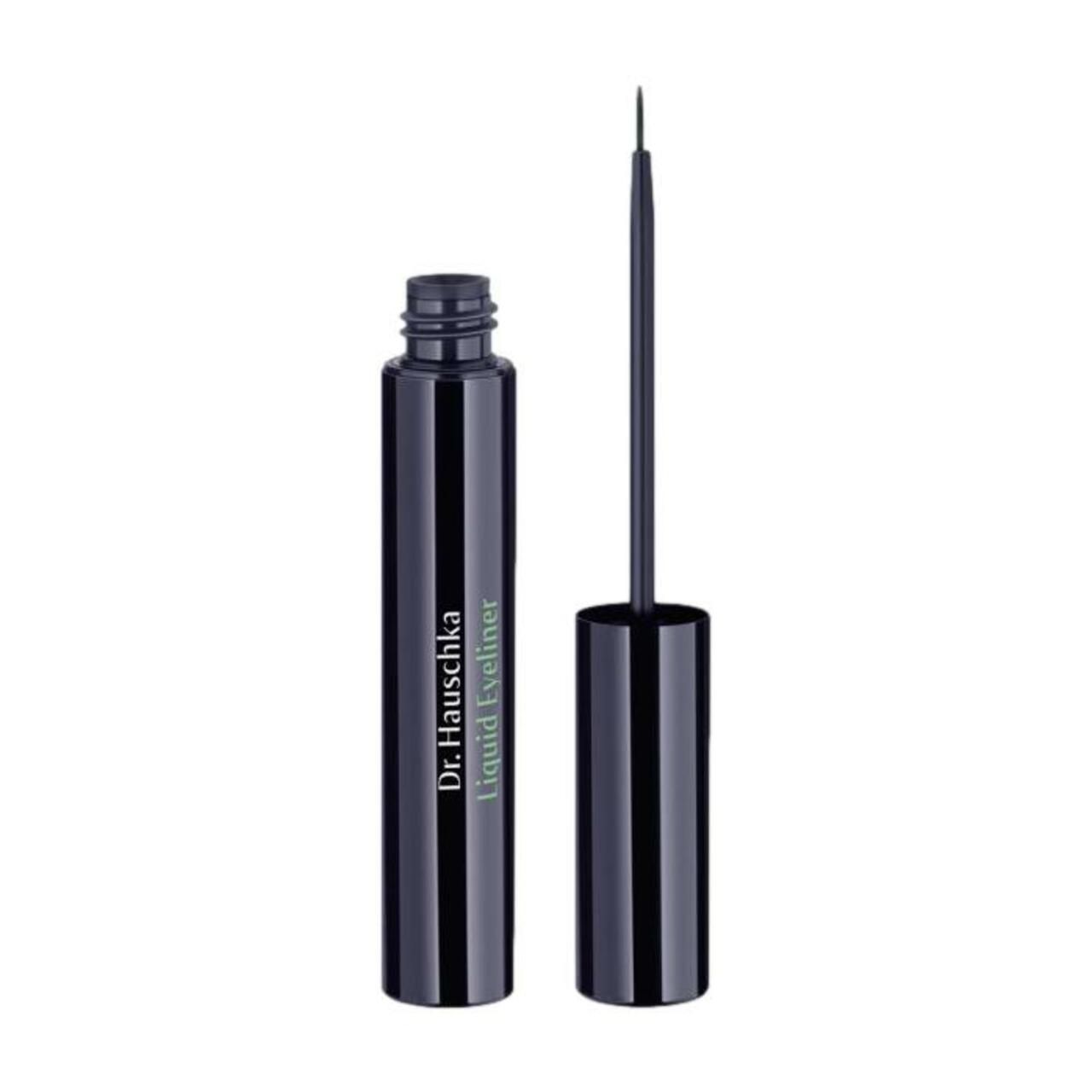 Flüssiger Eyeliner, dunkelblaue Flasche mit Pinsel. Marke: Dr. Hauschka Liquid Eyeliner.