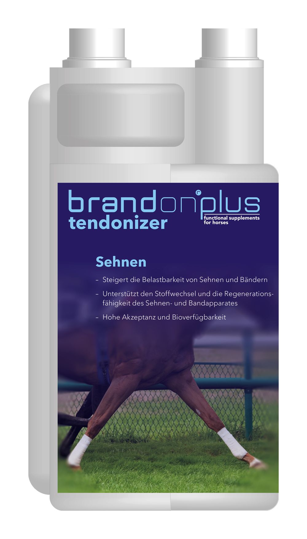 Flasche mit Produktetikett. Aufschrift: brandonplus tendonizer. Text: Sehnen, funktionelle Ergänzungsmittel für Pferde. Pferd im Hintergrund.