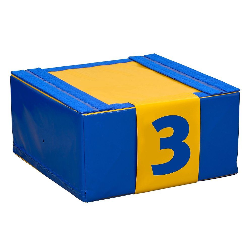 Blau-gelbes Podest mit der Nummer 3. Rechteckige Form. Für Indoor-Aktivitäten.