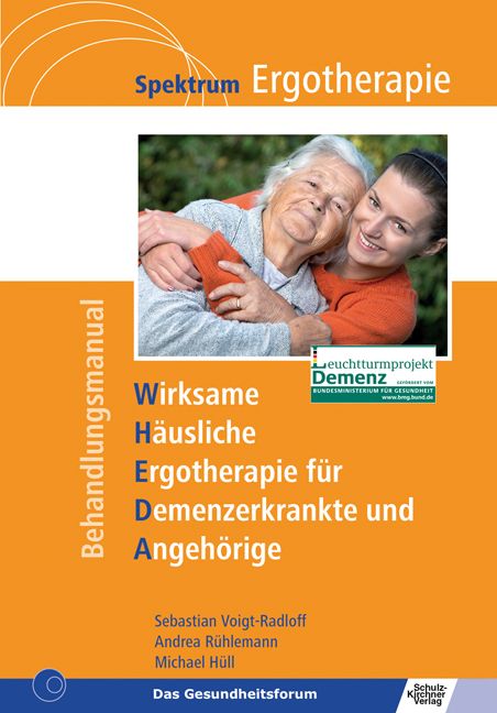 Buchcover: "Wirksame Häusliche Ergotherapie für Demenzerkrankte und Angehörige". Orangefarbener Hintergrund, Foto von Frau und älterer Dame.