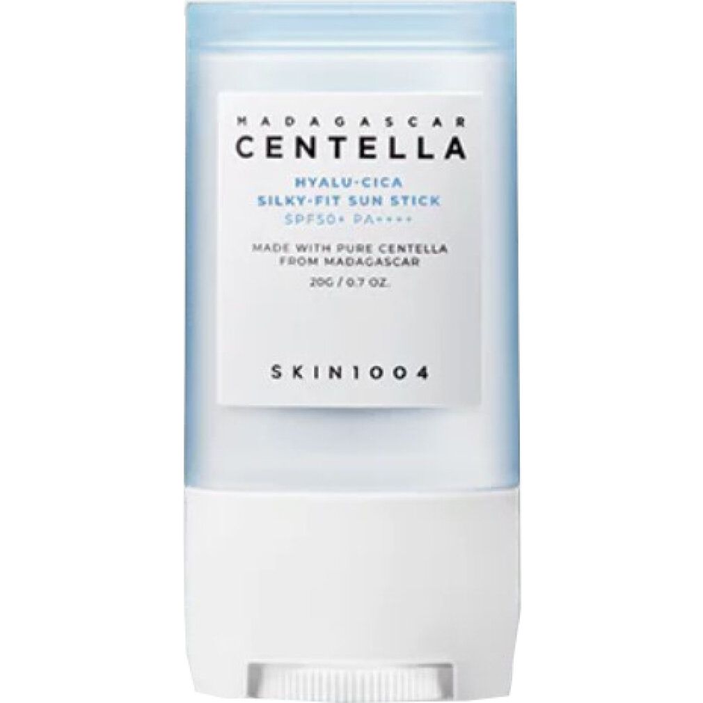 Sonnenschutz-Stick mit Centella, SPF50+ PA++++, 20g. Weißer Behälter mit blauem Deckel.