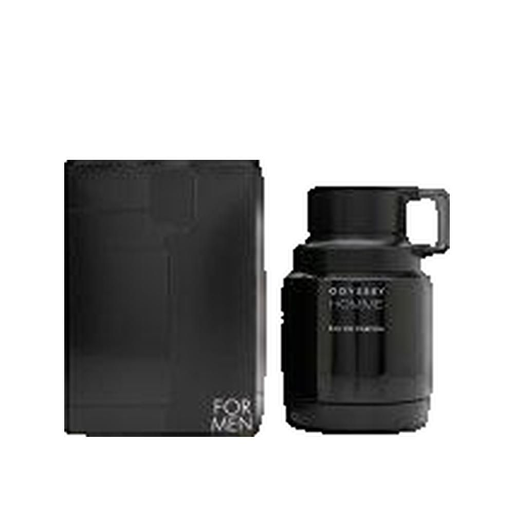 Schwarzer Flakon und Verpackung. Aufschrift: Odyssey Homme Eau de Parfum. Für Männer. Eckige Form, Griff.