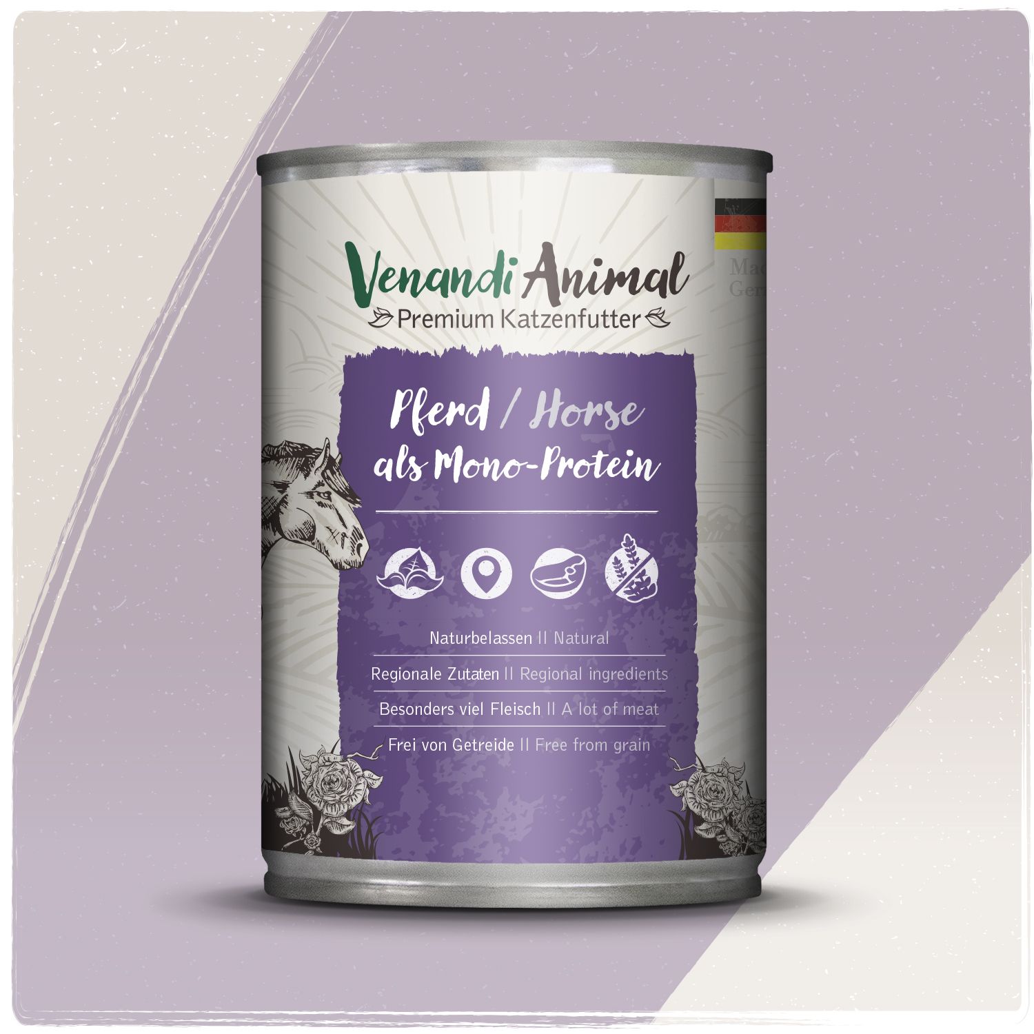 Venandi Animal Premium Katzenfutter Pferd als Mono-Protein in Dose. Enthält regionale Zutaten, viel Fleisch, ohne Getreide.