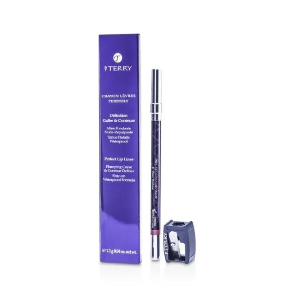 Lippenstift, Verpackung und Anspitzer. Aufschrift: By Terry Crayon Levres Terrybly. Verpackung: violett, Text.