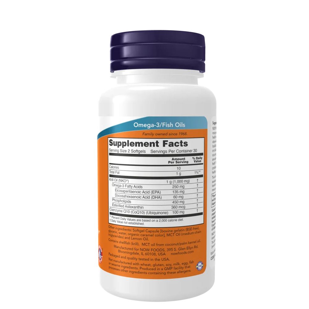 Rückseite der Flasche. Enthält Nährwertangaben und Inhaltsstoffe. "Omega-3/Fischöle" und "NOW"-Logo.