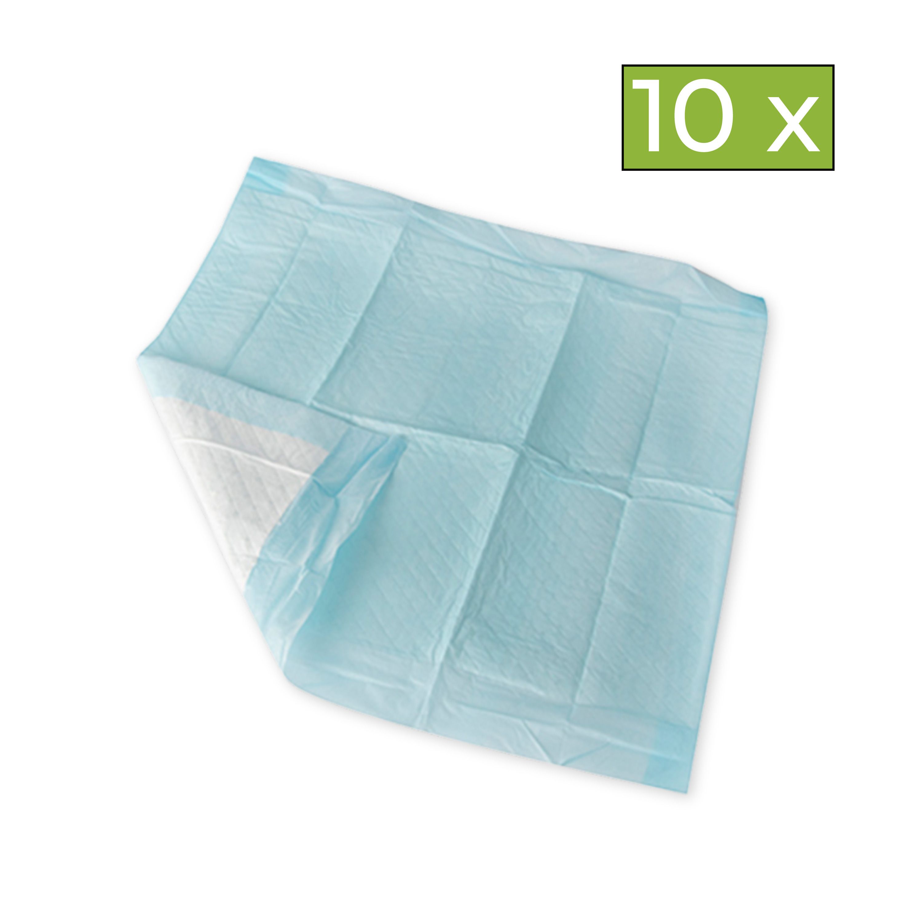 Blaue Krankenunterlage, rechteckig, mit weißer Innenseite. Oben rechts: Text '10 x'.