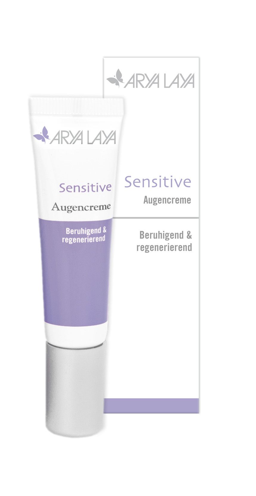 Creme-Tube und Verpackung. Aufschrift: Arya Laya Sensitive Augencreme. Beruhigend & regenerierend. Weiß, Flieder und Silber.