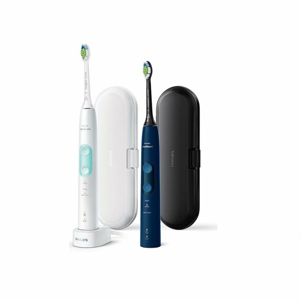 Zwei elektrische Zahnbürsten, Ladestation, zwei Etuis. Eine weiße, eine blaue. Philips Sonicare-Logo.
