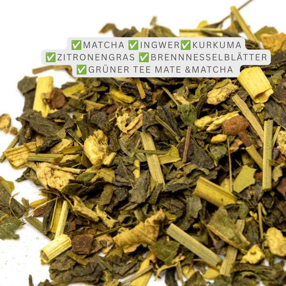 Trockener Detox-Kräutertee mit Zutaten wie Matcha, Ingwer, Kurkuma und Zitronengras.