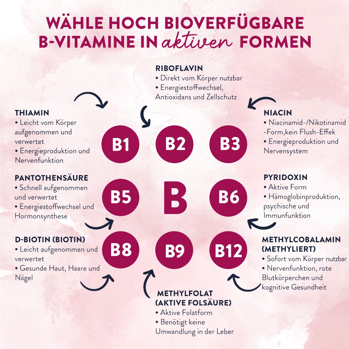 Infografik mit Vitamin B. AAVALABS. 9 B-Vitamine. Kreisförmige Anordnung mit Pfeilen.