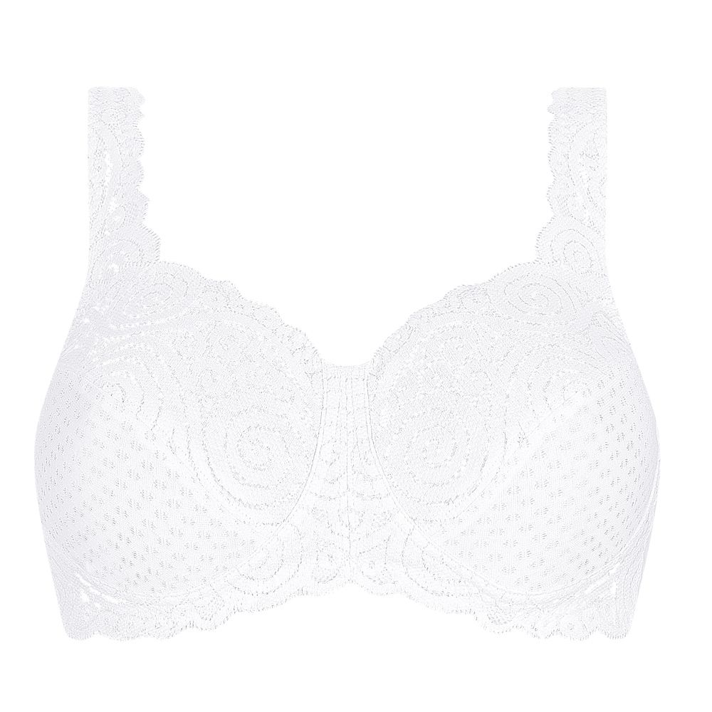 Vorderansicht eines weißen BHs mit floraler Spitze.