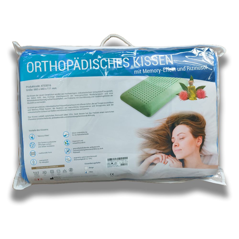 Orthopädisches Kissen in Verpackung. Kissen mit Memory-Effekt und Rizinusöl. Blaue Verpackung mit Produktabbildung und Text.