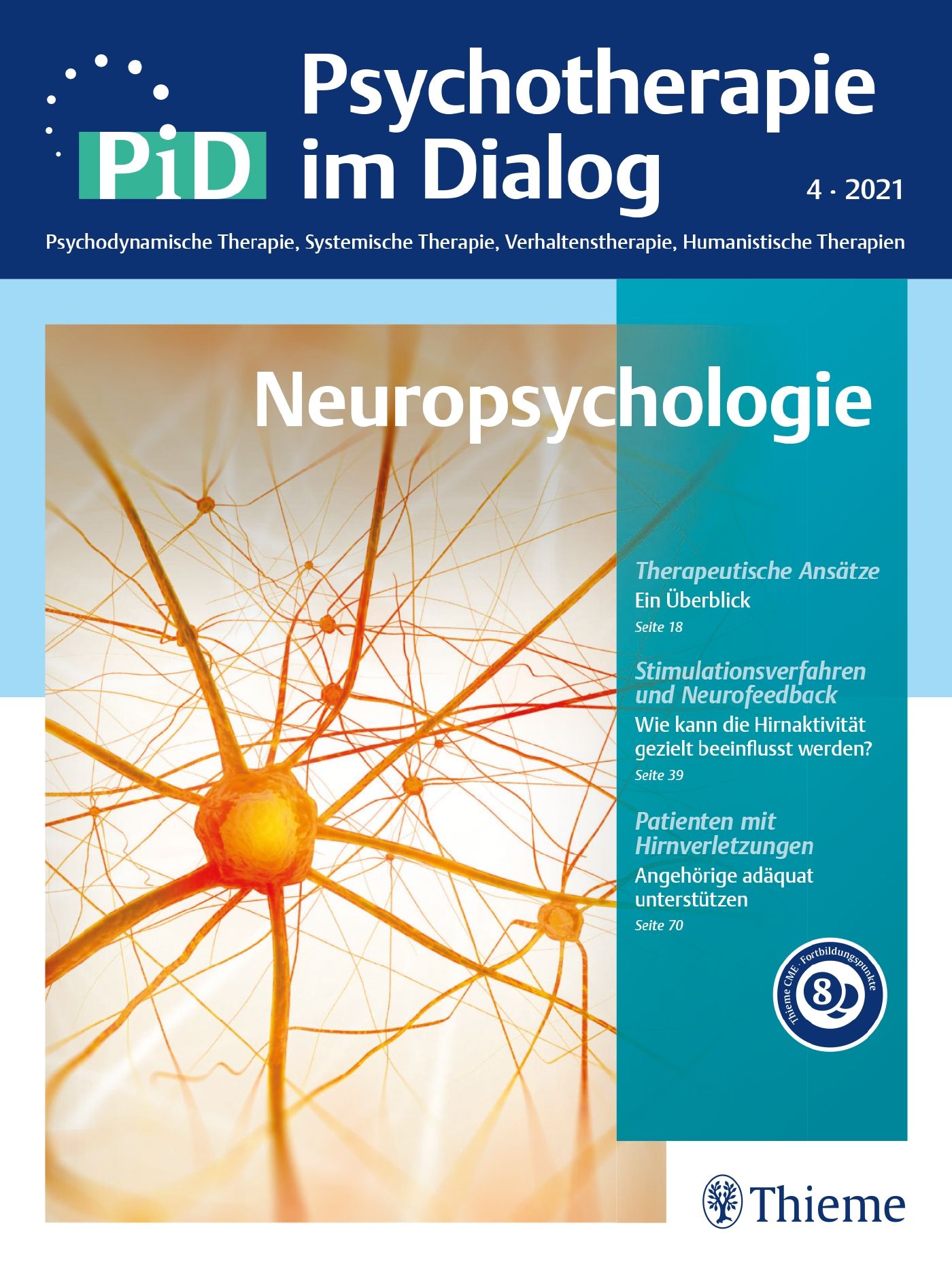 Zeitschrift "Psychotherapie im Dialog". Titel: Neuropsychologie. Ausgabe 4-2021. Abbildung eines Nervenzell-Modells.