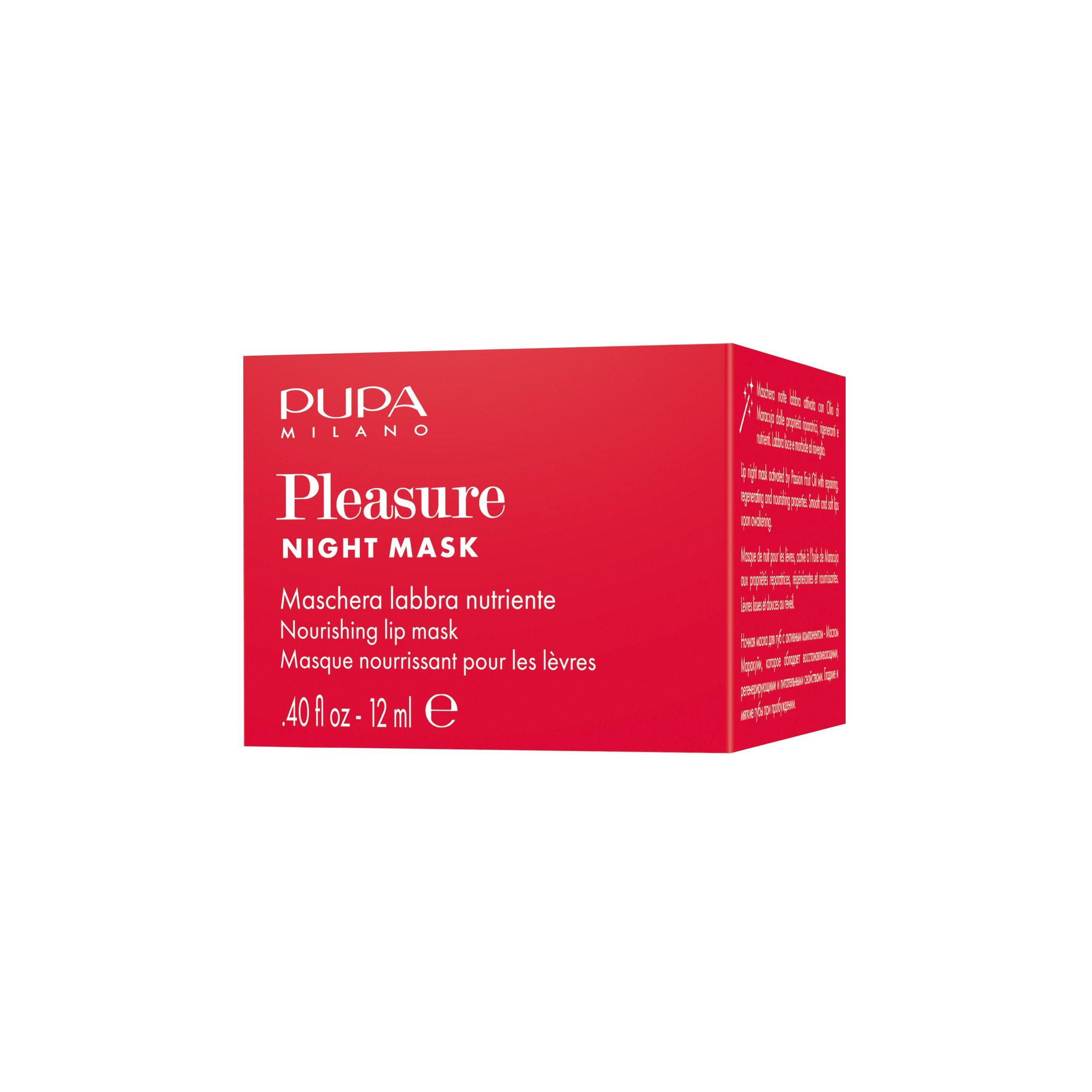 Rote Pupa Milano Pleasure Night Mask Verpackung mit 12 ml Inhalt.