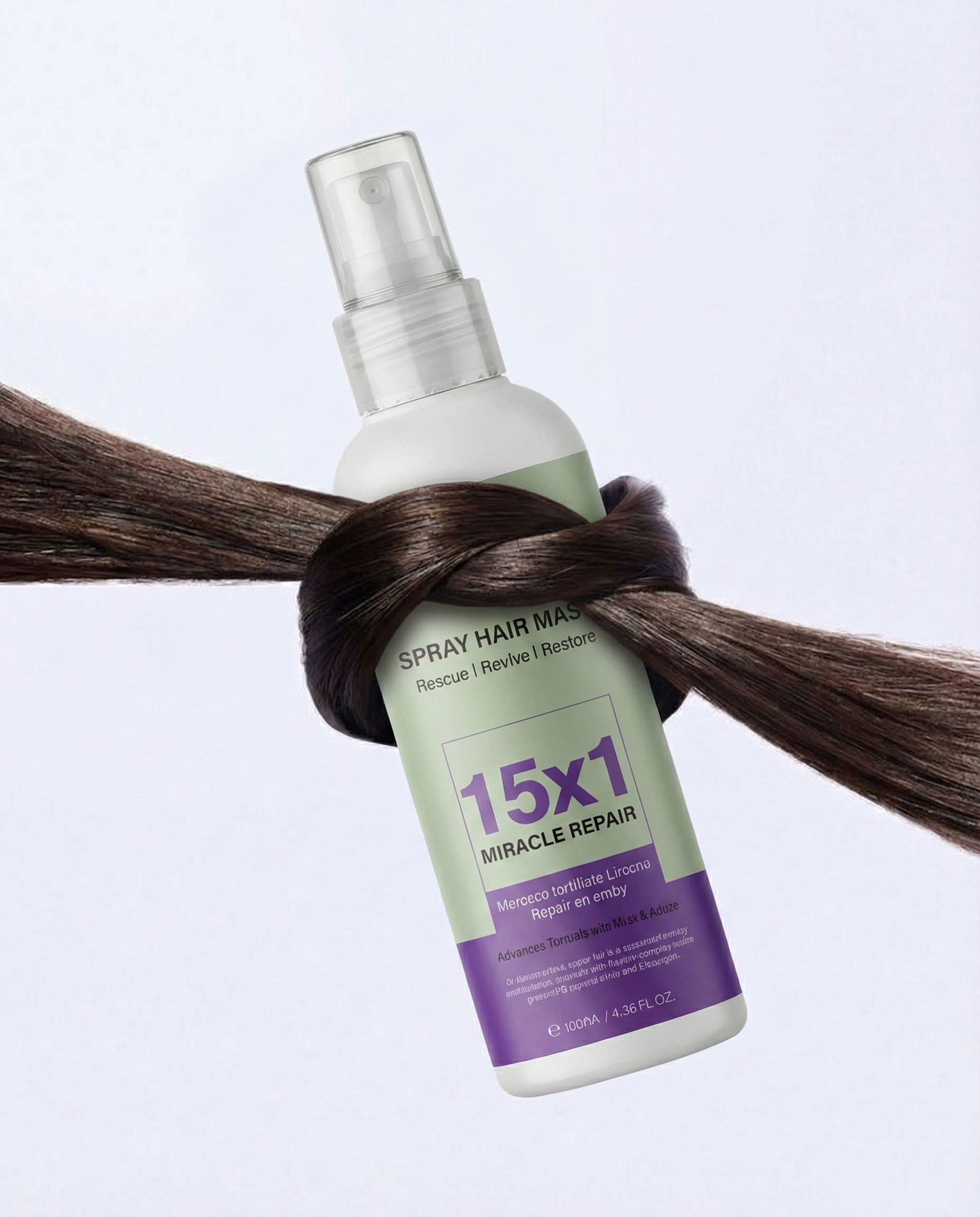 Spray-Haarmaske mit 15x1 Miracle Repair Formel, umhüllt von dunklem Haar.