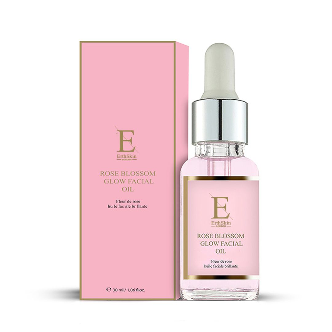 Gesichtsöl in Glasflasche mit Pipette und Umverpackung. Rosa Etikett mit goldener Schrift.