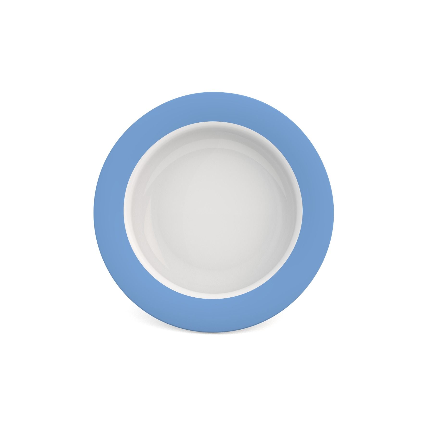 Blaue Schale mit weißem Innenraum. Runde Form, erhöhter Rand.