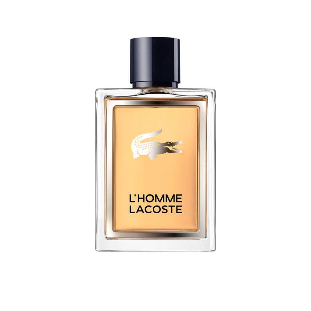 Rechteckiger Flakon von L'Homme Lacoste. Goldfarbenes Glas, schwarzer Deckel. Krokodil-Logo und Schriftzug L'Homme Lacoste.