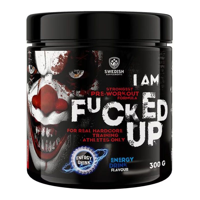 Schwarze Dose mit Aufdruck. Text: FUCKED UP, Energy Drink Flavour, 300g. Logo: Schwedische Ergänzungen. Clown-Gesicht.