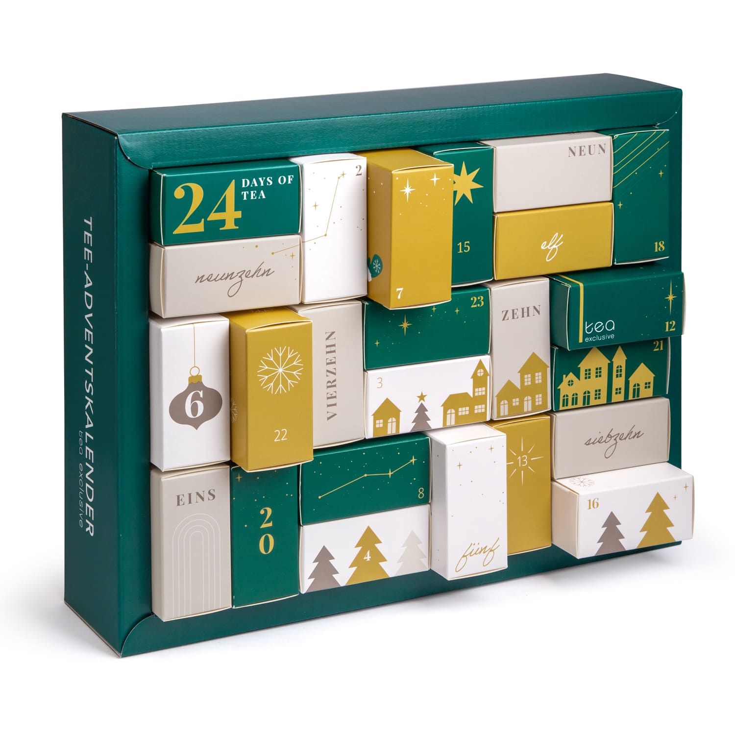 Ein grüner Tee-Adventskalender mit 24 Schokoladen-Schachteln, dekoriert mit Sternen und Häusern.