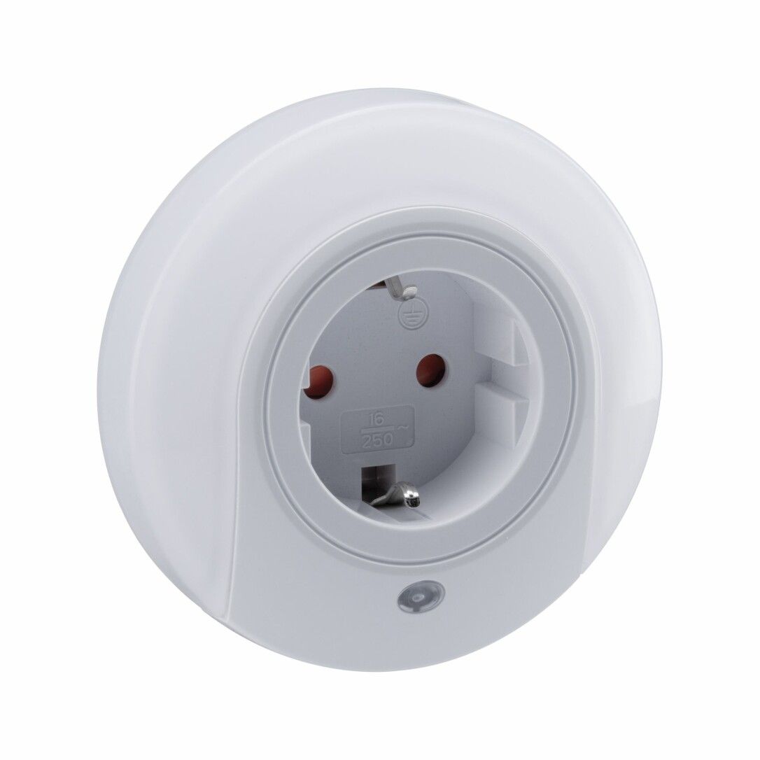 Steckdose mit LED-Nachtlicht, weißes Gehäuse, grauer Sockel, runde Form, Stecker.
