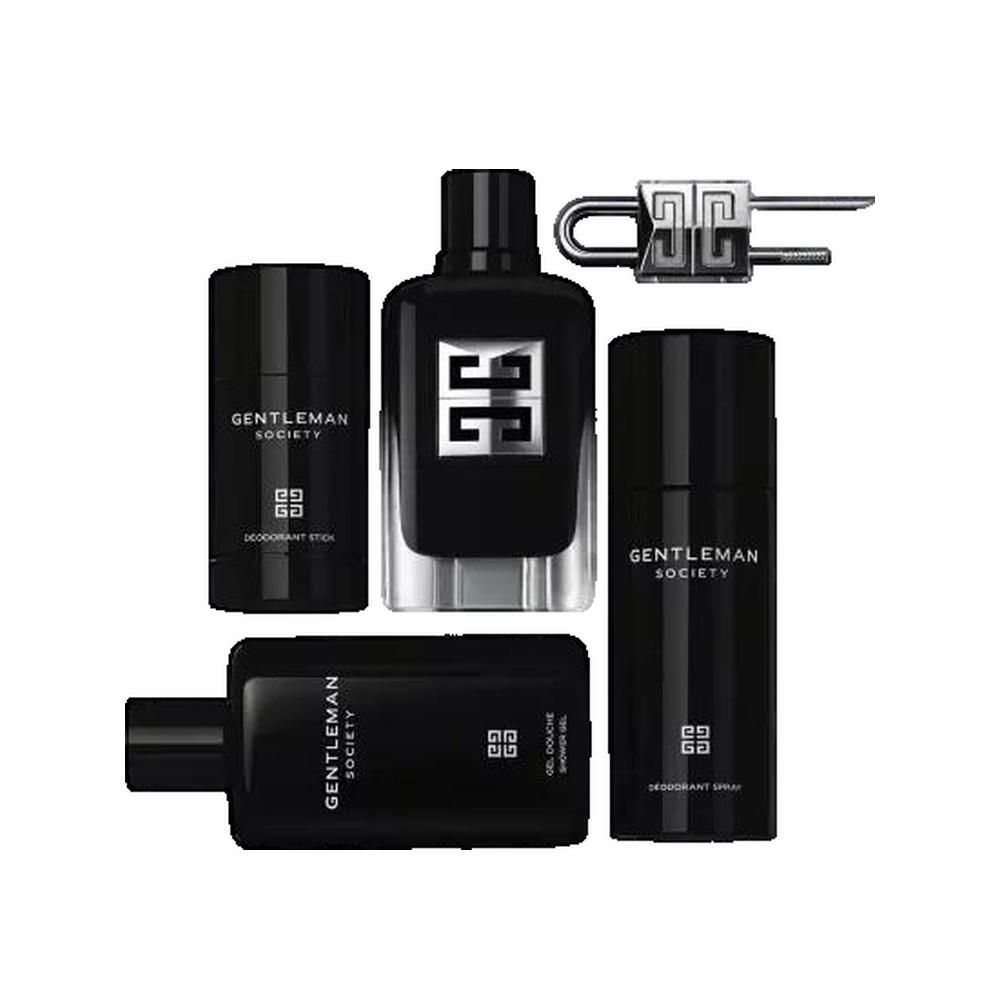 Fünfteiliges Set. Schwarze Flakons und Stick. Schriftzug: Givenchy Gentleman Society. Logo. Verschiedene Formen.