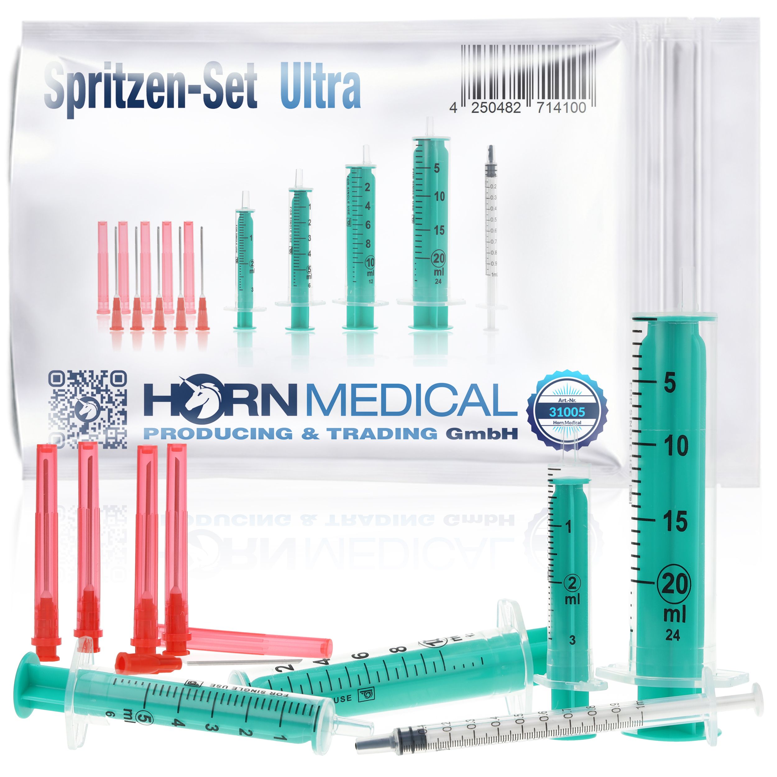 Spritzen-Set ULTRA, verschiedene Größen, grün. Rote Nadeln. Horn Medical Logo. Verpackung mit Barcode.