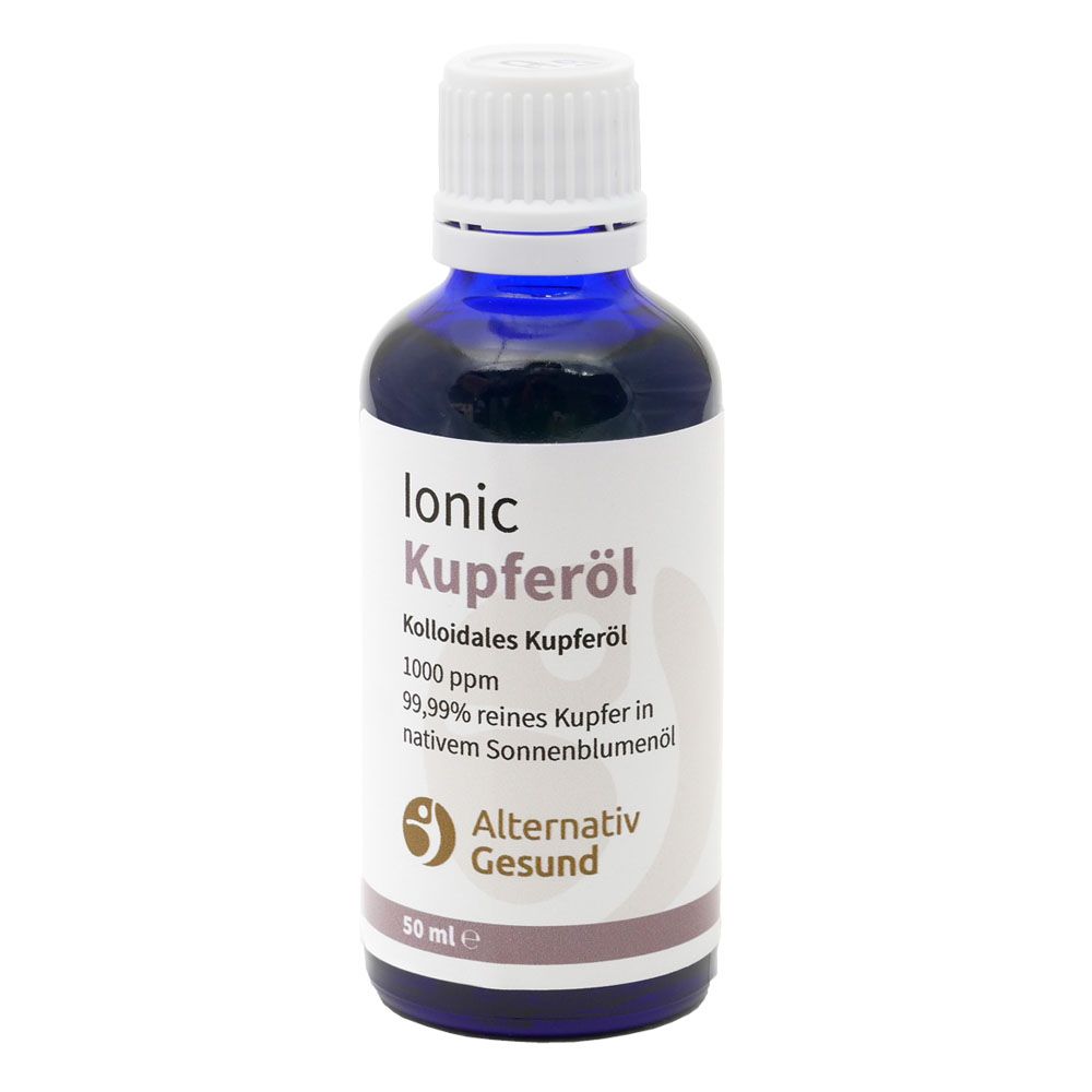 Blaue Glasflasche mit weißem Deckel. Aufschrift: Ionic Kupferöl, Kolloidales Kupferöl, Alternativ Gesund. 50 ml.