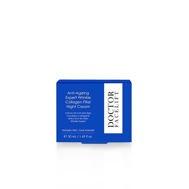 Blaue Verpackung mit weißer Schrift. Aufschrift: Anti-Ageing Expert Wrinkle Collagen Filler Night Cream.