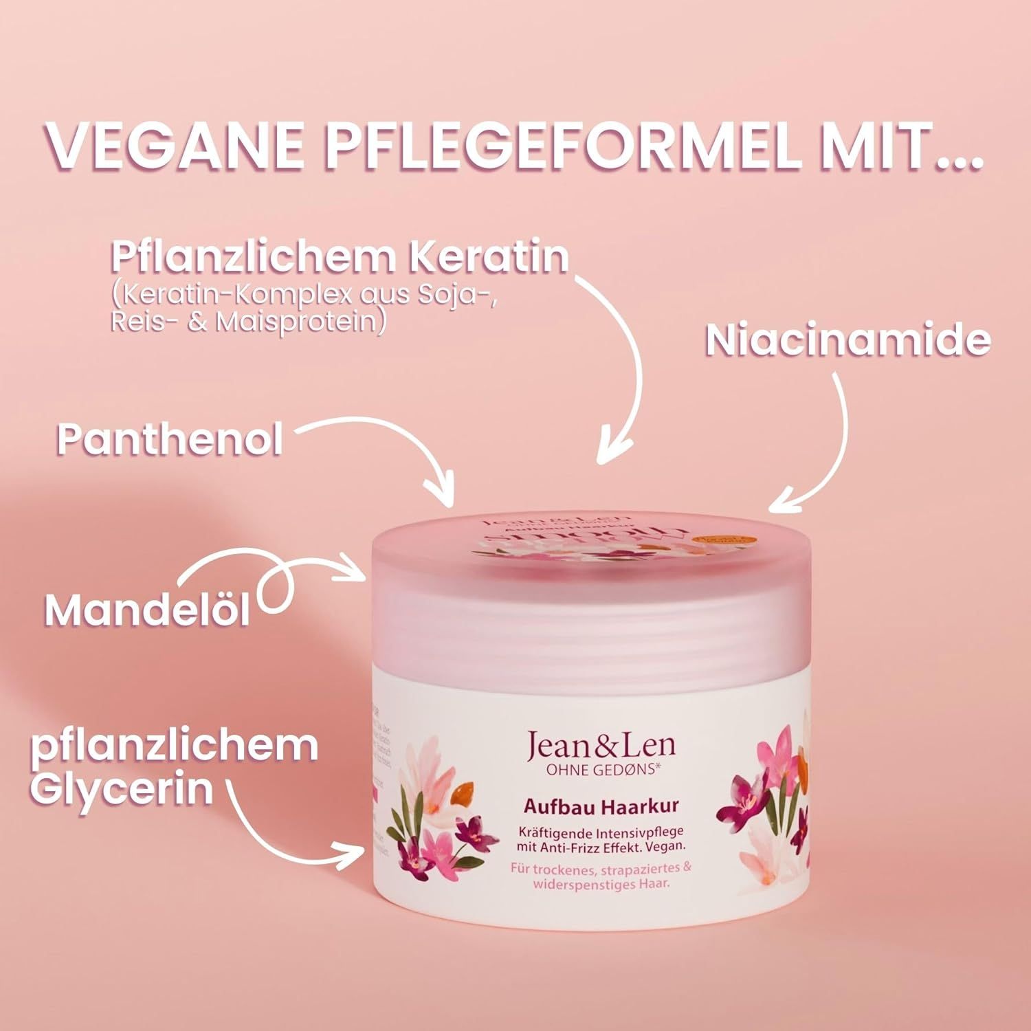 Cremebehälter mit Aufschrift Jean & Len Aufbau Haarkur. Enthält pflanzliches Keratin, Mandelöl, Glycerin, Panthenol und Niacinamid.