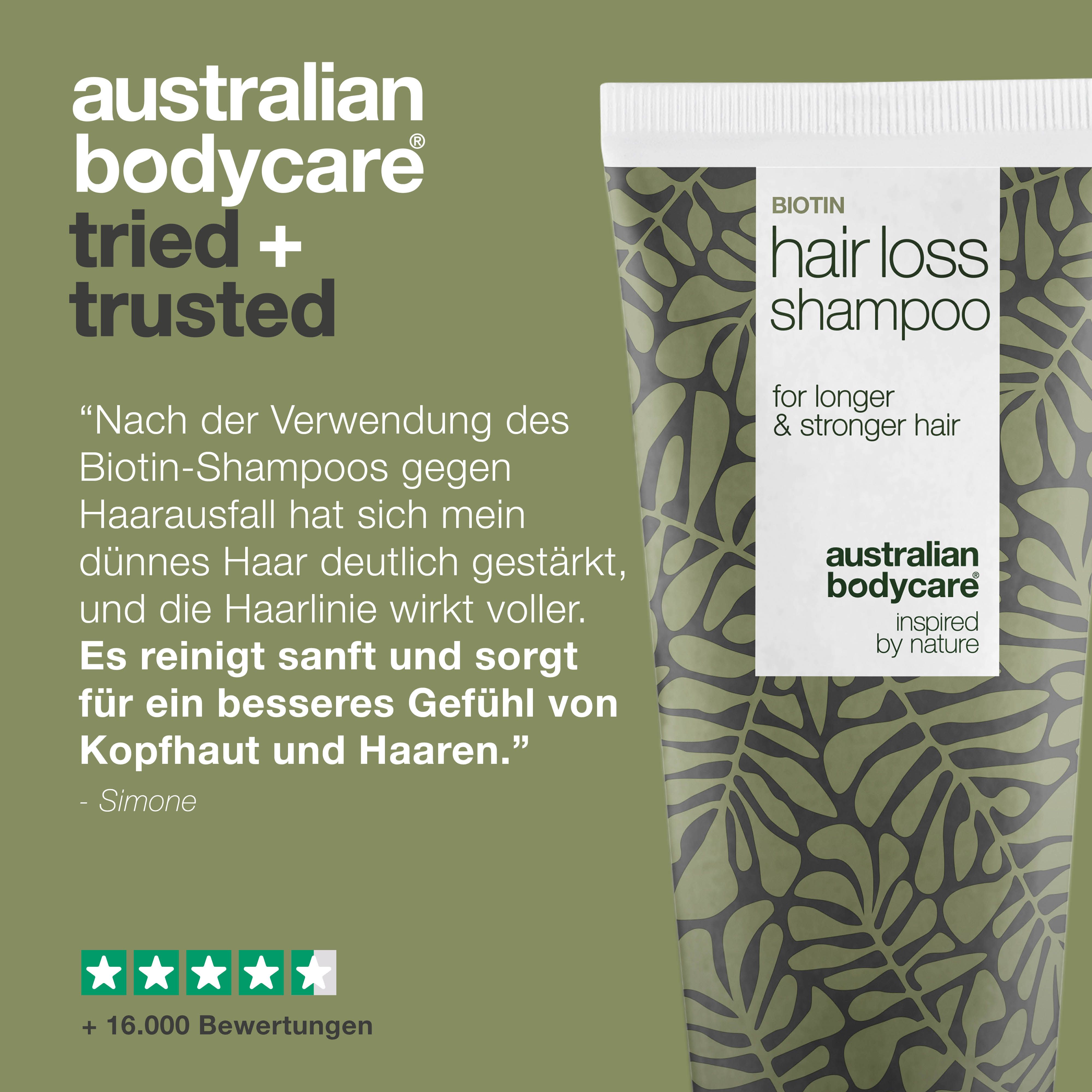 Biotin Hair Loss Shampoo. Tube mit Blattmuster. Text: Erfahrungsbericht, +16.000 Bewertungen. Australian Bodycare.