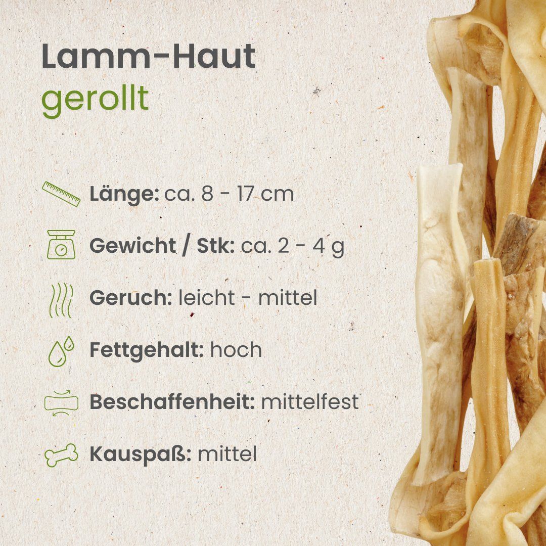 Infografik zu Lammhaut-Kausnacks: Länge 8-17cm, Gewicht 2-4g, hoher Fettgehalt.
