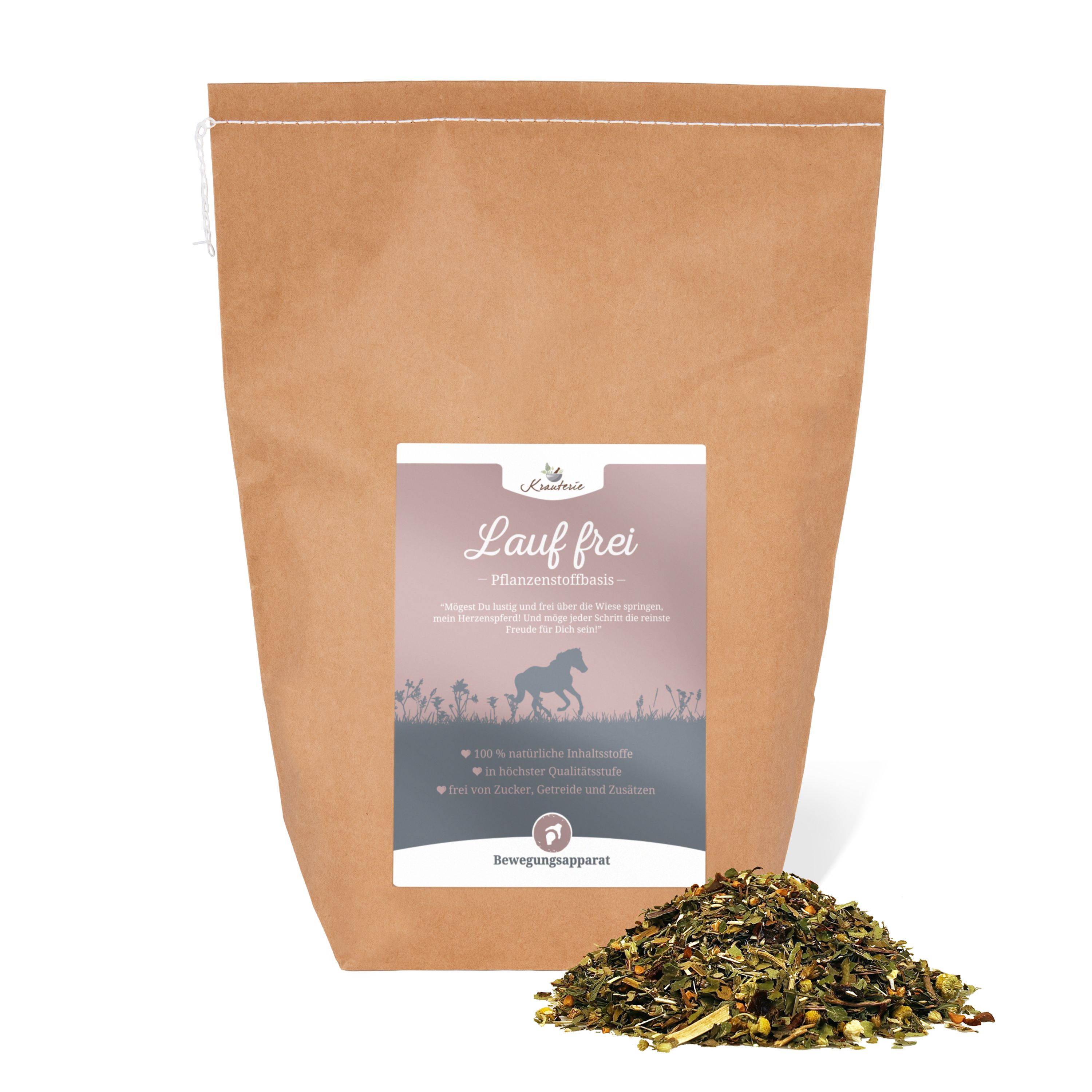 Braune Papiertüte mit Produktetikett. Etikett mit Logo, Text und Kräutermischung. Kräutermischung daneben.