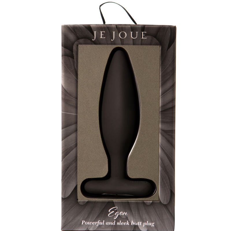 Verpackung mit schwarzem Analplug. Marke: JE JOUÉ. Text: Egon, Powerful and sleek butt plug.