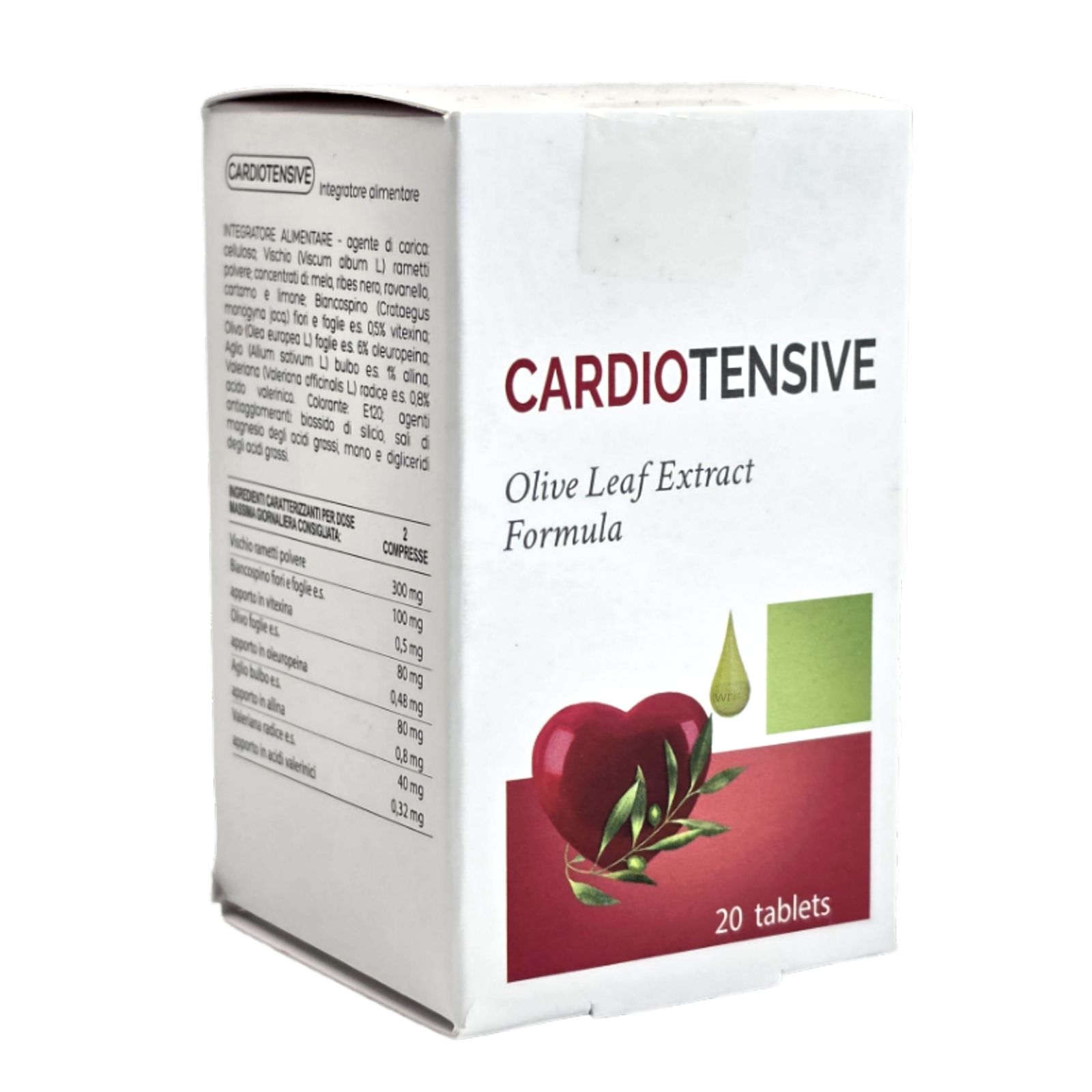 Weiße Schachtel mit Aufschrift CARDIO TENSIVE, Olivenblattextrakt-Formel, Herz-Design, 20 Tabletten. Inhaltsstoffe auf der Seite.