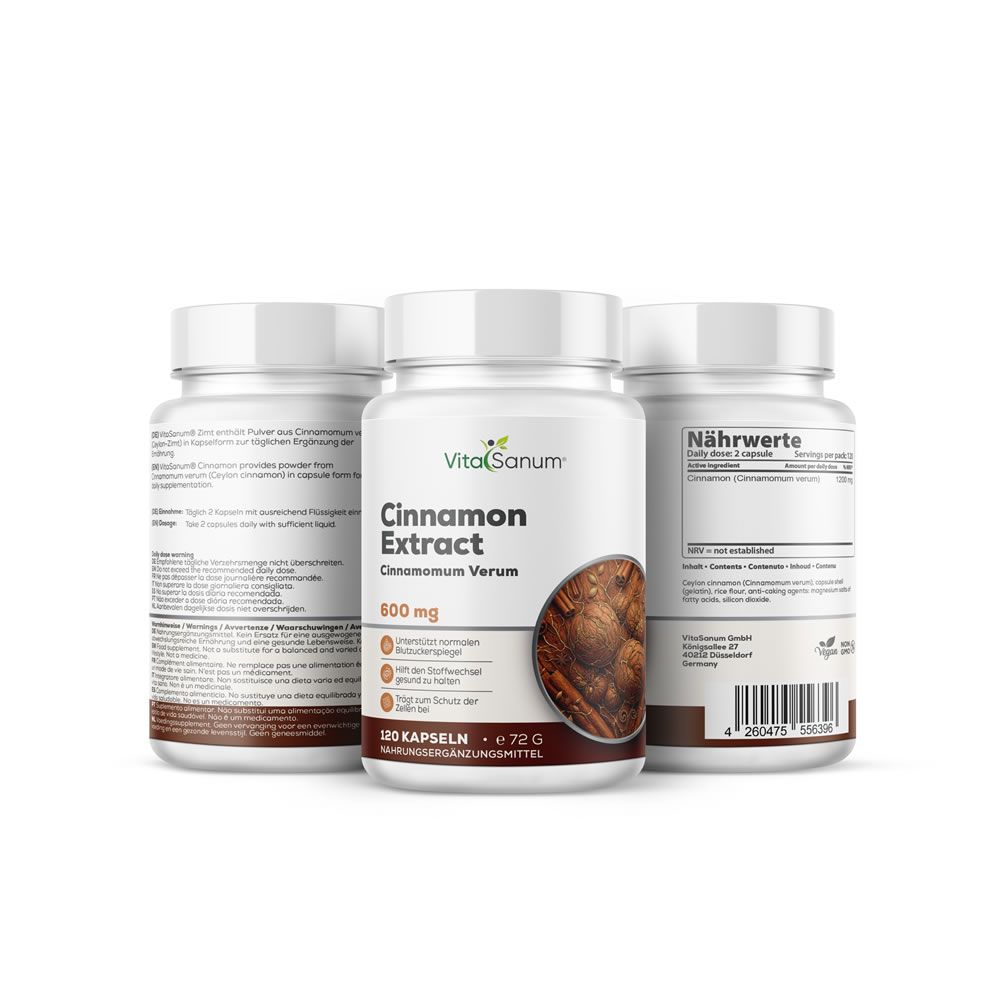 VitaSanum® Echter Zimt Kapseln, 600 mg. Drei Behälter, einer vorne mit Etikett, zwei hinten mit Nährwertangaben.