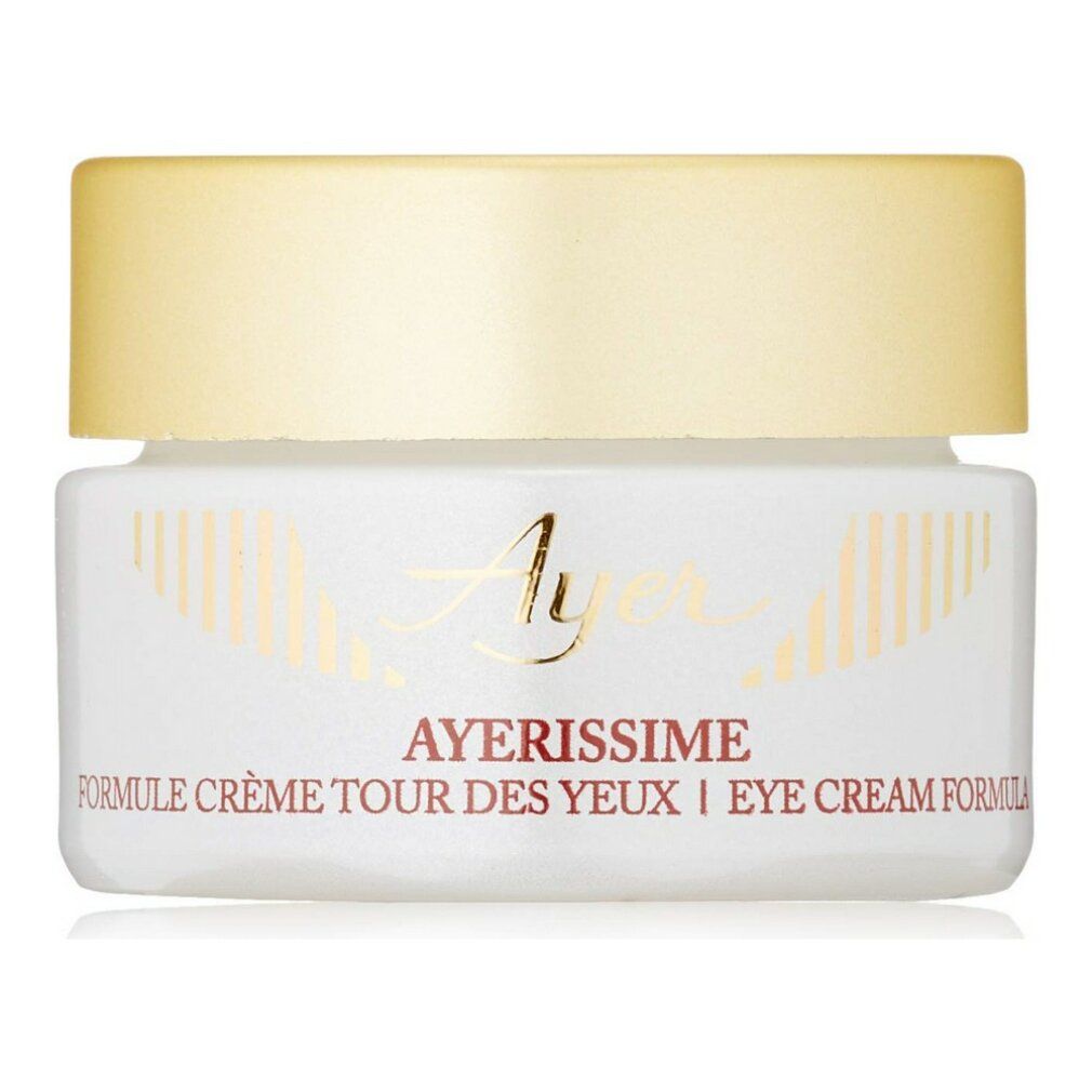 Cremebehälter mit goldfarbenem Deckel. Aufschrift: Ayer, Ayerissime, Formule Crème Tour des Yeux, Eye Cream Formula.