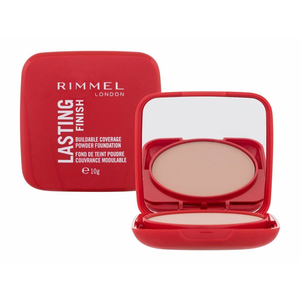 Roter Kompaktpuder mit Spiegel. Offen, Puder und Applikator sichtbar. Rimmel London Lasting Finish. 10g.