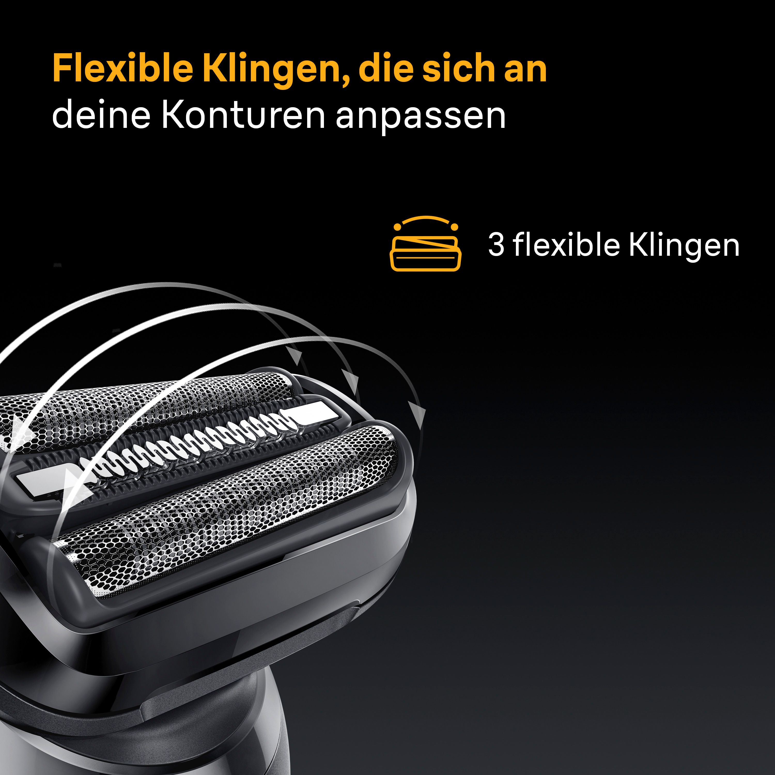 Nahaufnahme des Scherkopfes des Braun Series 5 Rasierers mit 3 flexiblen Klingen, die sich Konturen anpassen.