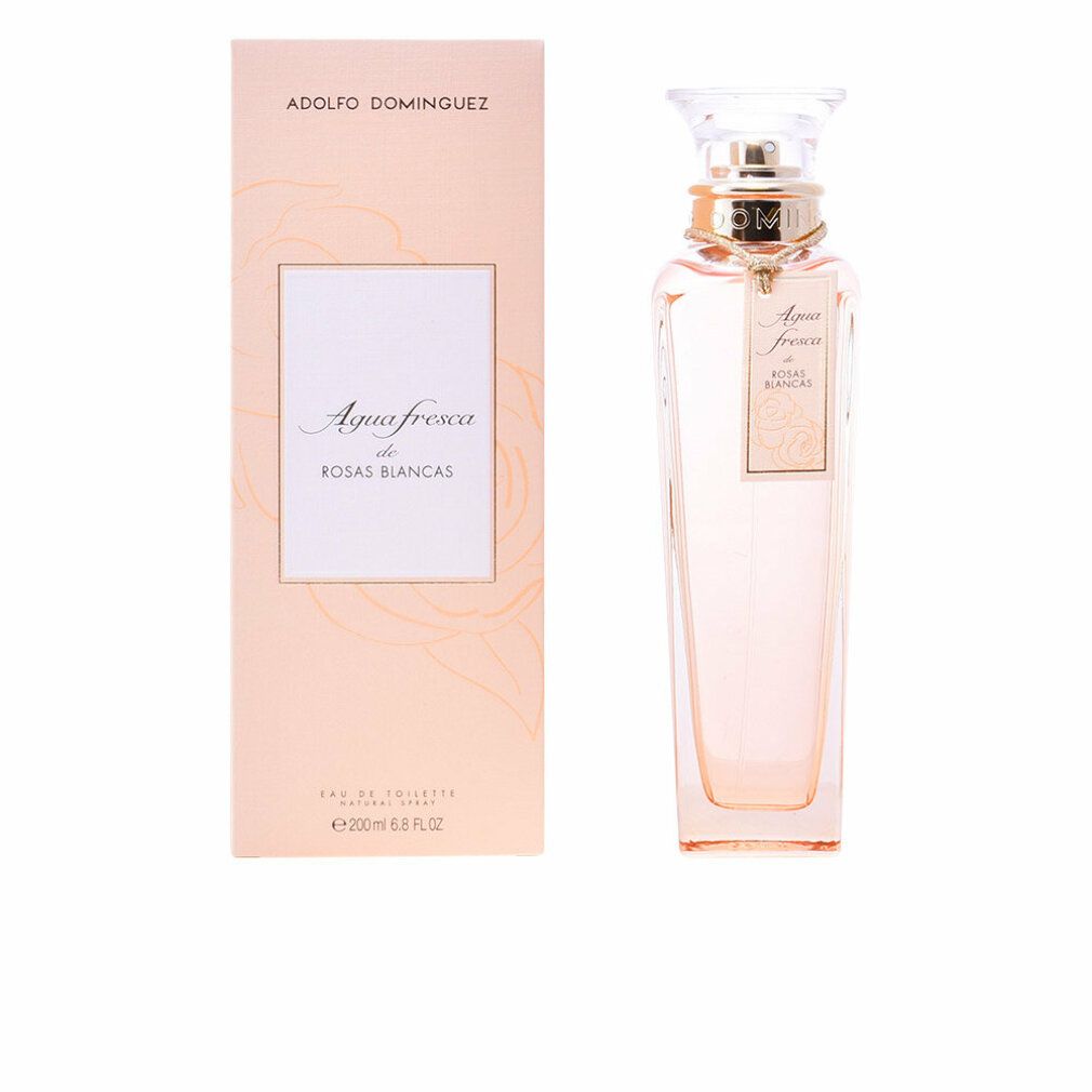 Rosa-Parfümflasche und -Verpackung. Flasche mit transparentem Verschluss, rosa Flüssigkeit. Verpackung mit Text: Agua fresca de Rosas Blancas.