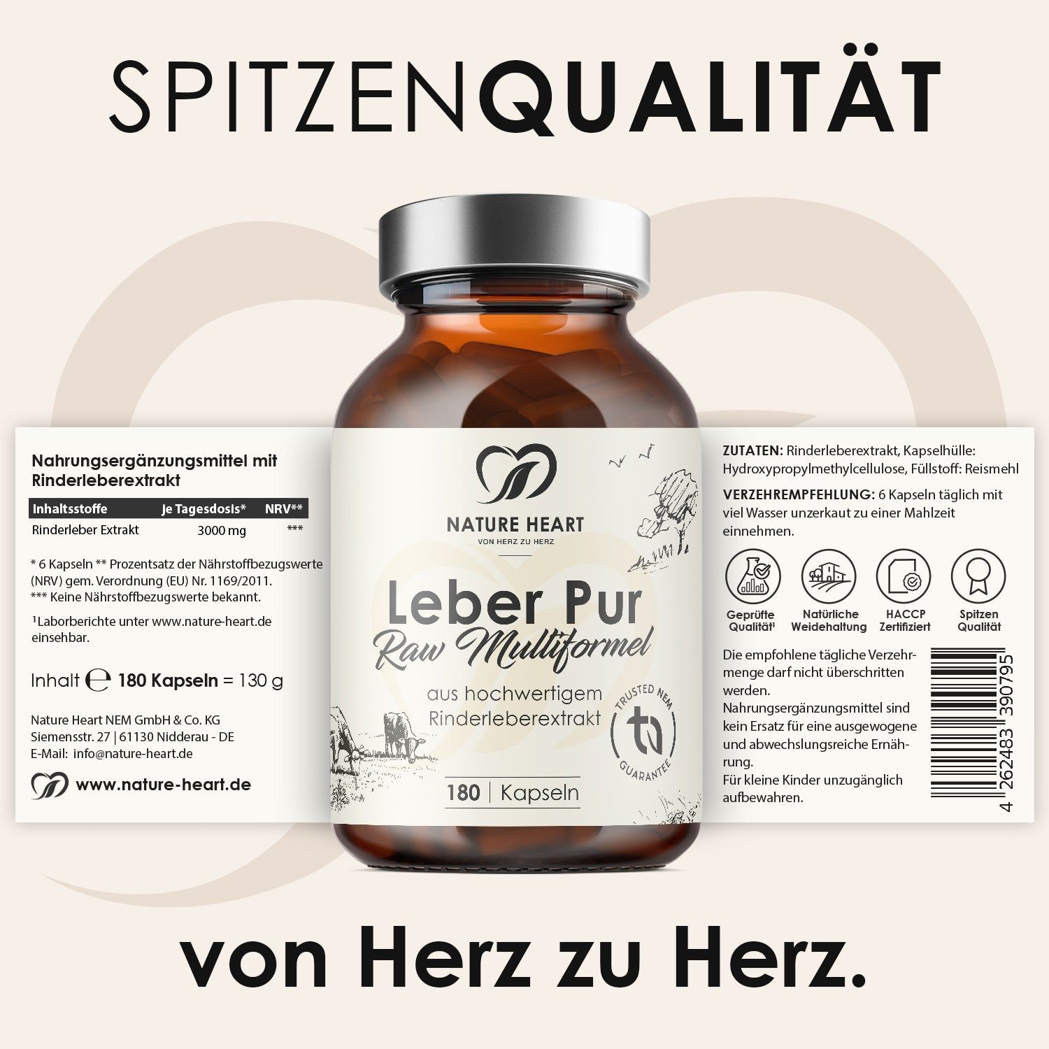 Nature Heart Leber Pur Raw Multiformel Kapseln, 180 Stück. Beipackzettel mit Inhaltsstoffen und Anwendungshinweisen.