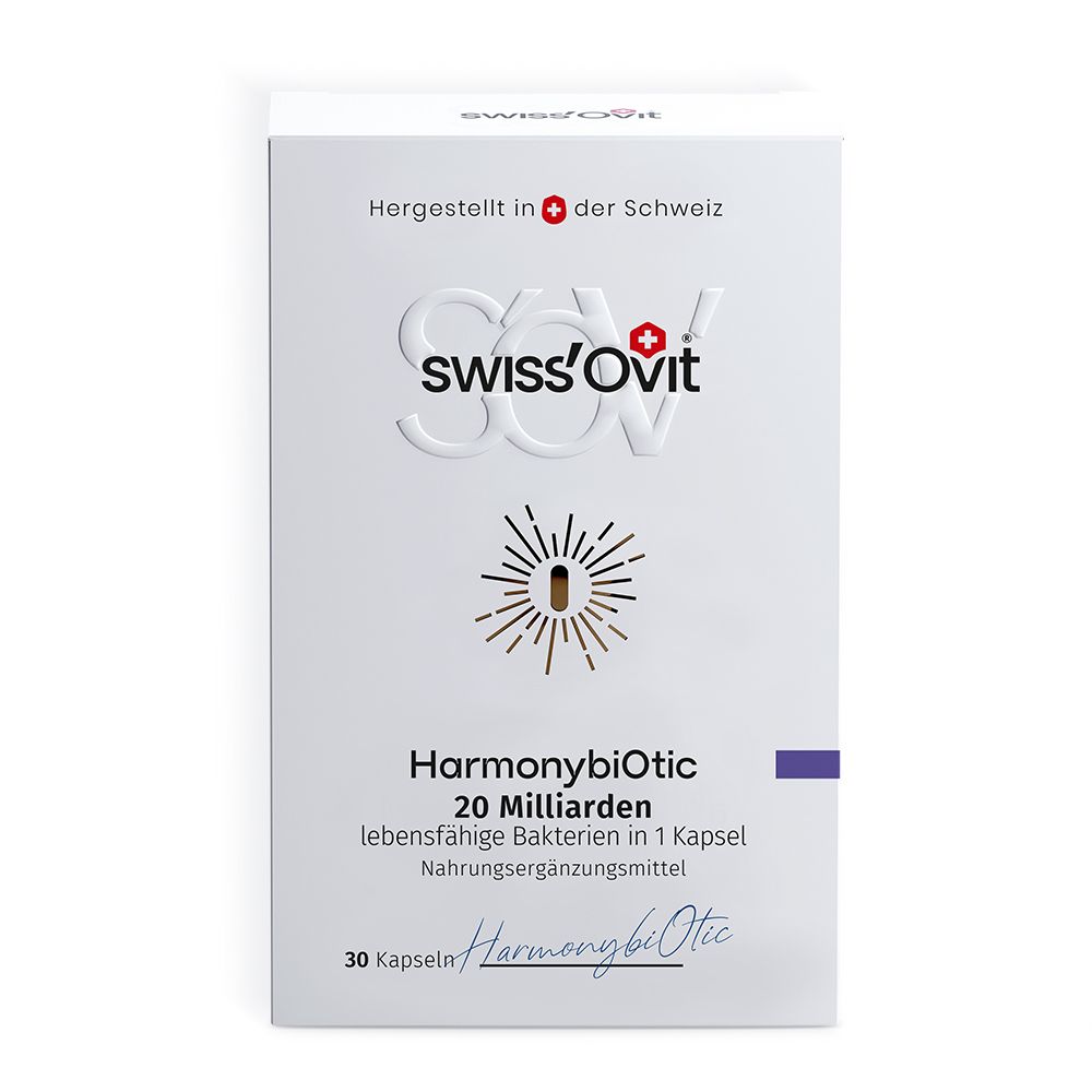 Weißer Karton mit SwissOvit-Logo. Enthält HarmonybiOtic, 20 Milliarden Bakterien, Nahrungsergänzungsmittel. 30 Kapseln.