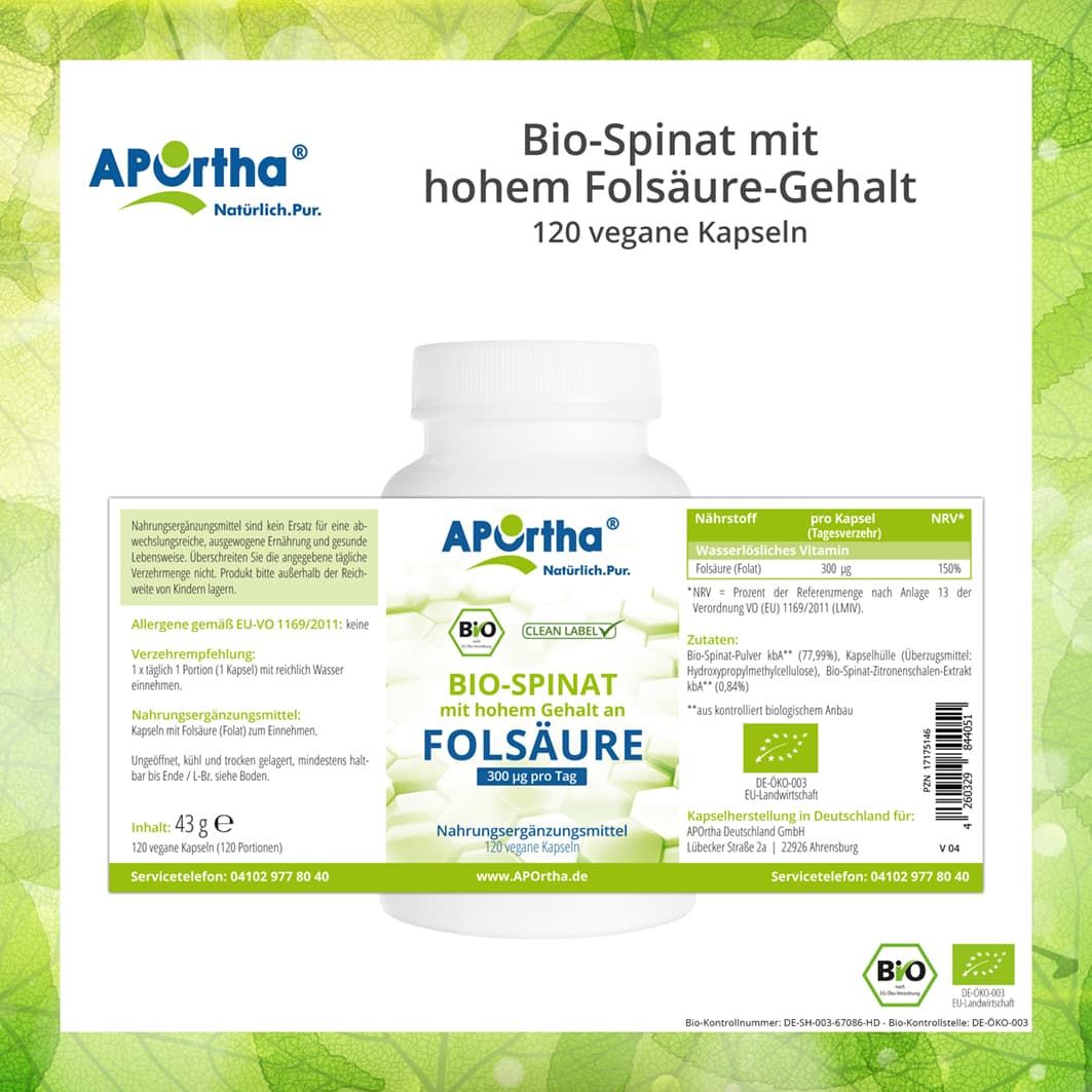 APOrtha® Bio-Spinat mit hohem Folsäure-Gehalt Kapseln