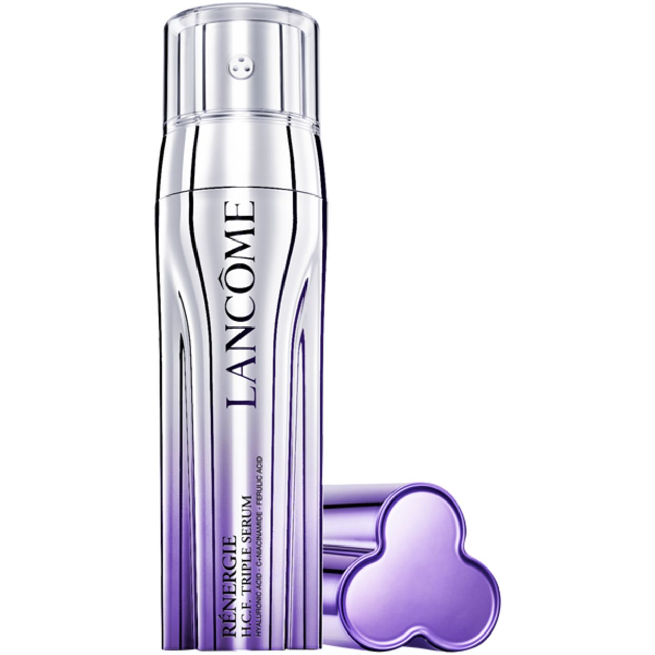 Lancôme Rénergie H.C.F. Triple Serum. Flakon mit drei Kammern, silberfarben und lila. Produktname und Marke deutlich sichtbar.